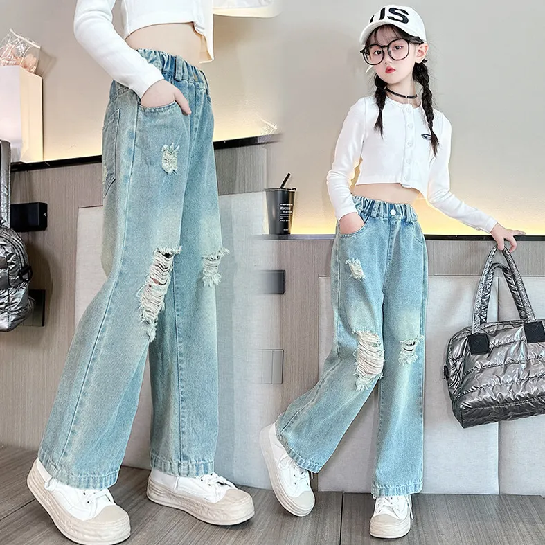 【120-170】好相性ハイウエストダメージ加工ボタン女の子デニムパンツ