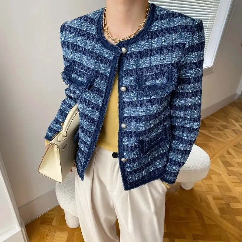 アウター ジャケット ツイード ストライプ柄 長袖 ブルー