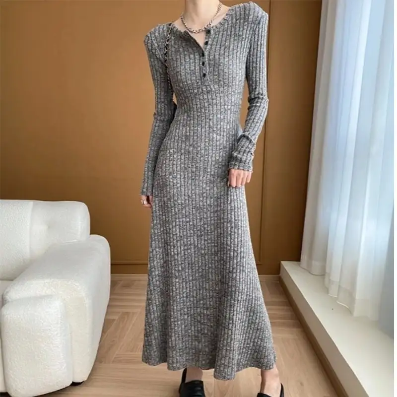 ワンピース シンプル ニット ラウンドネック フィット グレー