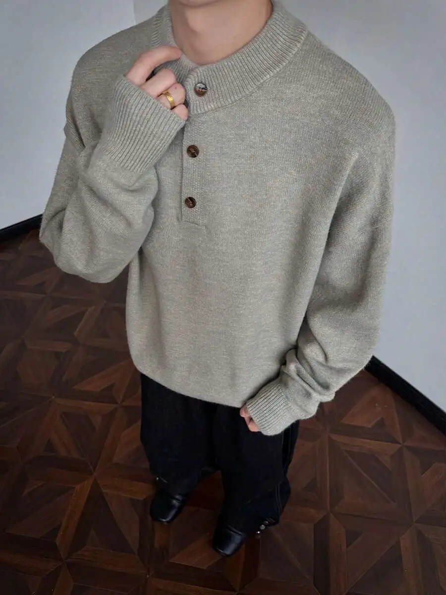 グレークルーネック 暖かい ボタン付き襟デザイン カジュアル シンプル  デイリー 長袖 ニットセーター