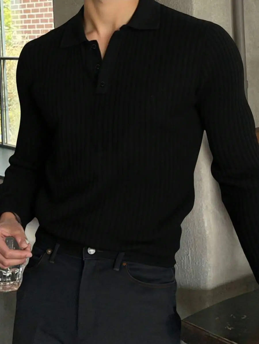 カジュアル ブラック襟付き ボタン リブ編み 長袖 ポロシャツ