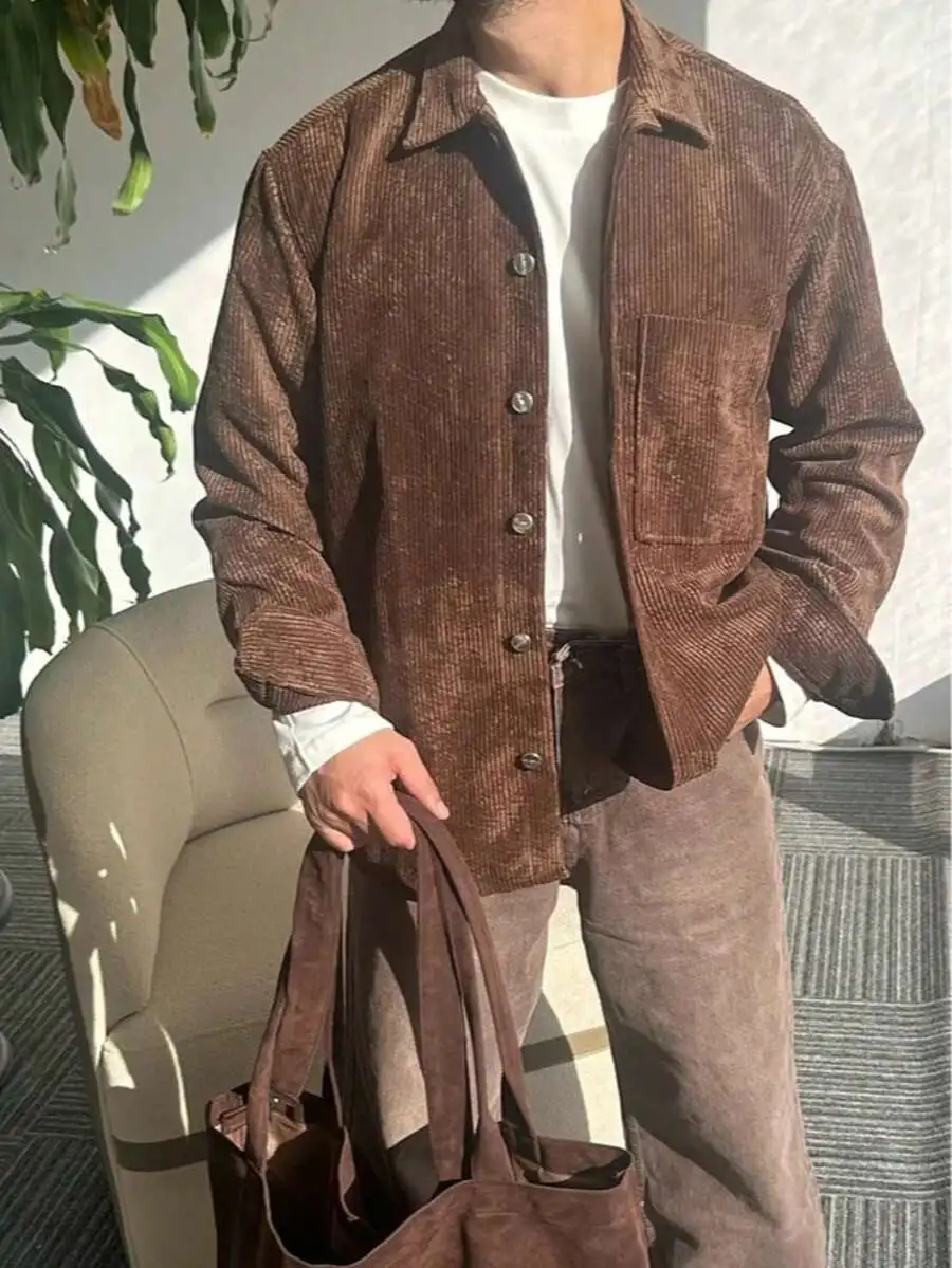 コーデュロイ 無地 ストライプ カジュアル レトロ ボタンアップ ポケットシャツ