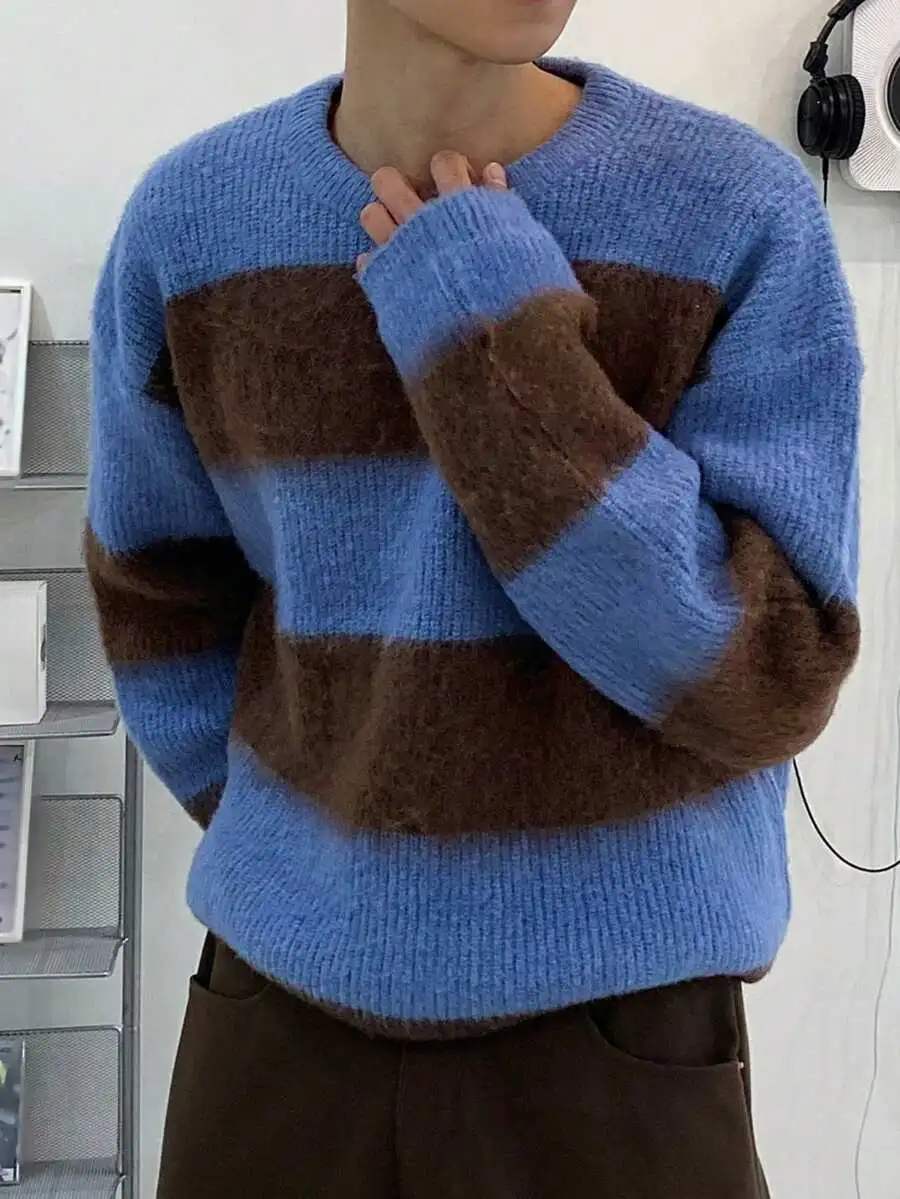 プルオーバー セーター テクスチャード ニット ブルー&ブラウン