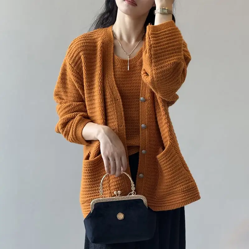 3colors ゆったり Vネック ニット カーディガンセット タンクトップ付き