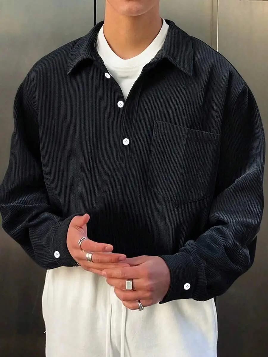 長袖 ポロシャツ カジュアル ルーズ フィット 無地 プルオーバー  トップス