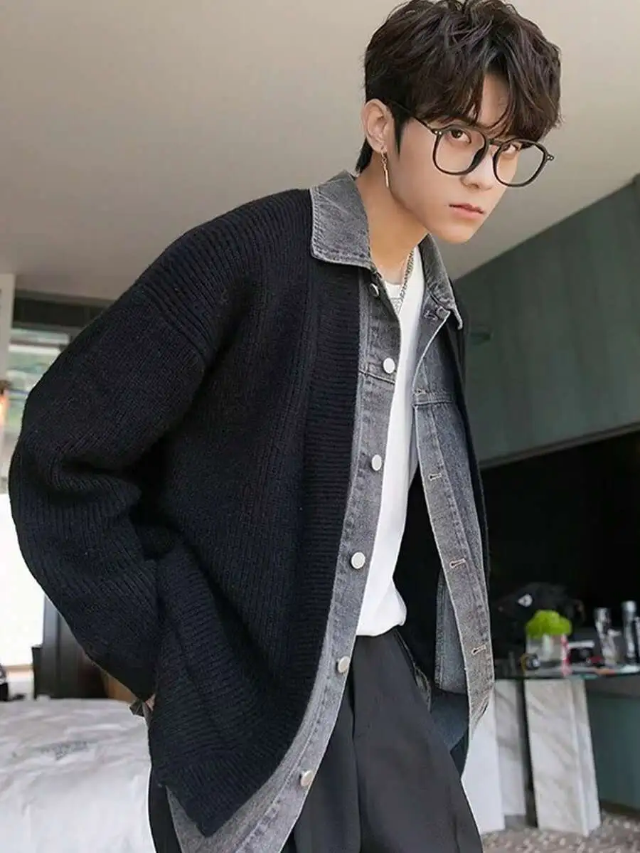 デニム切り替え ニットカーディガン メンズ 長袖 ゆったり ジャケット