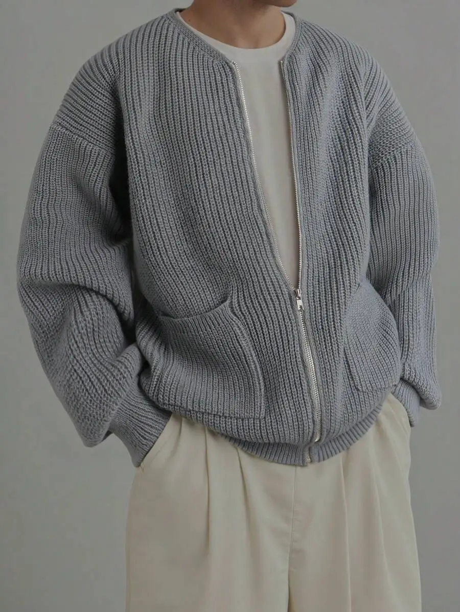 ジップアップ ルーズ カジュアル リラックス ドロップショルダー  無地 ニット カーディガン