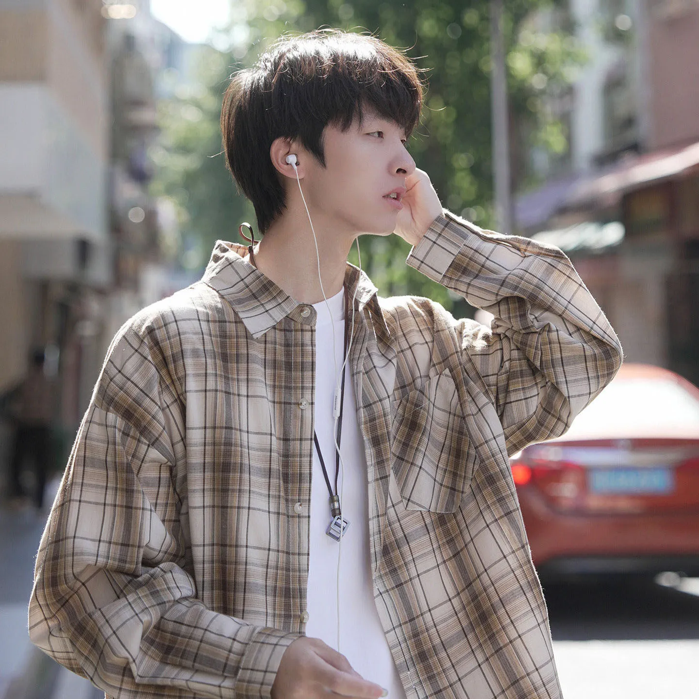 レトロ チェック柄 折り襟 長袖 シャツ